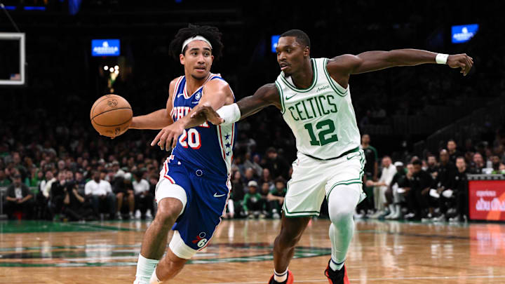 Oct 12, 2024; Boston, Massachusetts, USA; Philadelphia 76ers guard Jared McCain (20) drives to the basket against Boston Celtics guard Lonnie Walker IV (12) during the first half at the TD Garden. Mandatory Credit: Brian Fluharty-Imagn Images Oct 12, 2024; Boston, Massachusetts, USA; Philadelphia 76ers guard Jared McCain (20) drives to the basket against Boston Celtics guard Lonnie Walker IV (12) during the first half at the TD Garden. Mandatory Credit: Brian Fluharty-Imagn Images