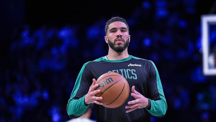 Mar 15, 2025; Brooklyn, New York, USA; Boston Celtics forward Jayson Tatum (0) warms up before a game against the Brooklyn Nets at Barclays Center. Mandatory Credit: John Jones-Imagn Images