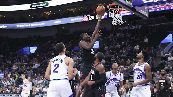Nov 30, 2025; Salt Lake City, Utah, USA; Houston Rockets center Clint Capela (30) shoots against the Utah Jazz during the second half at Delta Center. Mandatory Credit: Rob Gray-Imagn Images