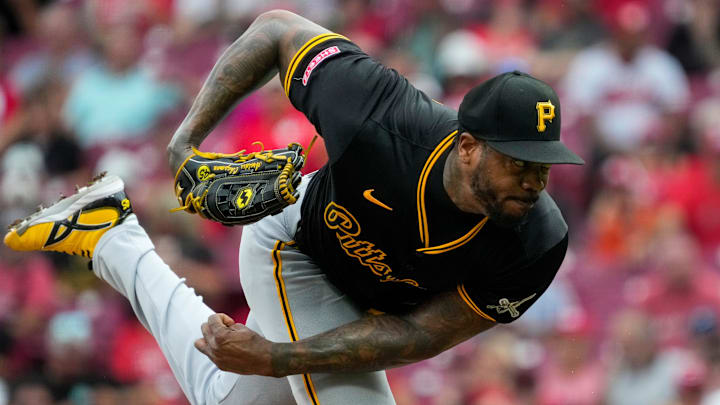 Pittsburgh Pirates pitcher Aroldis Chapman (45) throws a pitch in the ninth inning of the MLB National League Game between the Cincinnati Reds and the Pittsburgh Pirates at Great American Ball Park in downtown Cincinnati on Sunday, Sept. 22, 2024. The Reds lost the final home game of the season, 2-0.