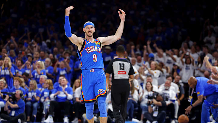 May 28, 2025; Oklahoma City, Oklahoma, USA; Oklahoma City Thunder guard Alex Caruso (9) celebrates after a play during the second quarter against the Minnesota Timberwolves in game five of the western conference finals for the 2025 NBA Playoffs at Paycom Center. Mandatory Credit: Alonzo Adams-Imagn Images May 28, 2025; Oklahoma City, Oklahoma, USA; Oklahoma City Thunder guard Alex Caruso (9) celebrates after a play during the second quarter against the Minnesota Timberwolves in game five of the western conference finals for the 2025 NBA Playoffs at Paycom Center. Mandatory Credit: Alonzo Adams-Imagn Images