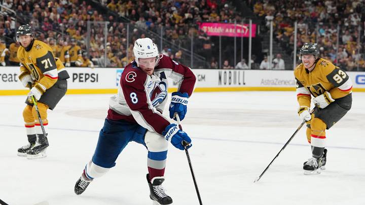 May 26, 2026; Las Vegas, Nevada, USA; Colorado Avalanche defenseman Cale Makar (8) controls the puck  during the second period against the Vegas Golden Knights in game four of the Western Conference Final of the 2026 Stanley Cup Playoffs at T-Mobile Arena. Mandatory Credit: Stephen R. Sylvanie-Imagn Images