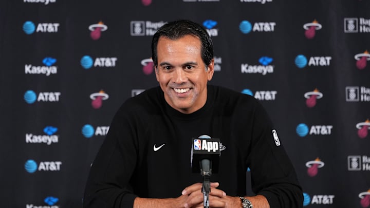 Nov 3, 2025; Inglewood, California, USA; Miami Heat head coach Erik Spoelstra at press conference at the Intuit Dome. Mandatory Credit: Kirby Lee-Imagn Images