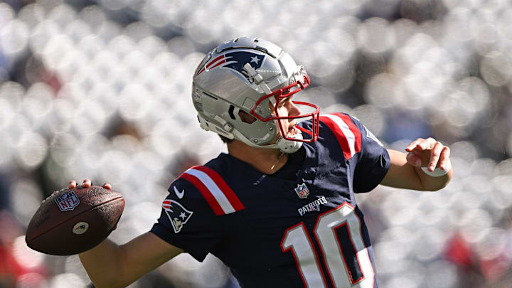 Oct 27, 2024; Foxborough, Massachusetts, USA; New England Patriots quarterback Drake Maye (10) throws the ball during warmups before a game against the New York Jets at Gillette Stadium. Mandatory Credit: Brian Fluharty-Imagn Images