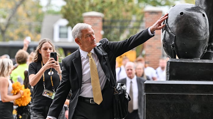 Oct 18, 2025; Iowa City, Iowa, USA; Iowa Hawkeyes head coach Kirk Ferentz enters Kinnick Stadium before the game against the Penn State Nittany Lions. Mandatory Credit: Jeffrey Becker-Imagn Images