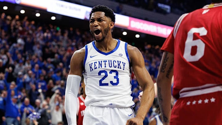 Dec 13, 2025; Lexington, Kentucky, USA; Kentucky Wildcats forward Mouhamed Dioubate (23) celebrates a basket during the second half against the Indiana Hoosiers at Rupp Arena at Central Bank Center. Mandatory Credit: Jordan Prather-Imagn Images
