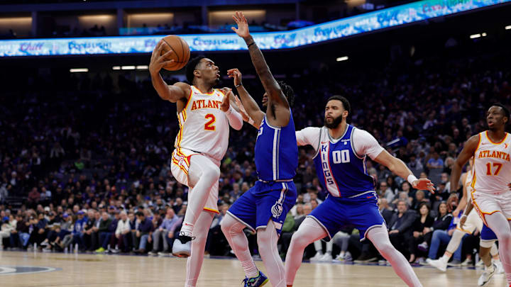 Jan 22, 2024; Sacramento, California, USA; Atlanta Hawks guard Trent Forrest (2) shoots the ball