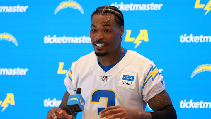 Jul 24, 2024; El Segundo, CA, USA;  Los Angeles Chargers safety Derwin James Jr. (3) speaks to the media after the first day of training camp at The Bolt. Mandatory Credit: Kiyoshi Mio-Imagn Images