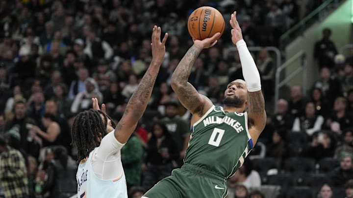Jan 8, 2025; Milwaukee, Wisconsin, USA; Milwaukee Bucks guard Damian Lillard (0) shoots during the third quarter against the San Antonio Spurs at Fiserv Forum. Mandatory Credit: Jeff Hanisch-Imagn Images Jan 8, 2025; Milwaukee, Wisconsin, USA; Milwaukee Bucks guard Damian Lillard (0) shoots during the third quarter against the San Antonio Spurs at Fiserv Forum. Mandatory Credit: Jeff Hanisch-Imagn Images
