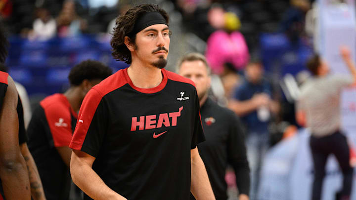 Mar 31, 2025; Washington, District of Columbia, USA; Miami Heat guard Jaime Jaquez Jr. (11) warms up prior to the game against against the Washington Wizards at Capital One Arena. Mandatory Credit: Reggie Hildred-Imagn Images