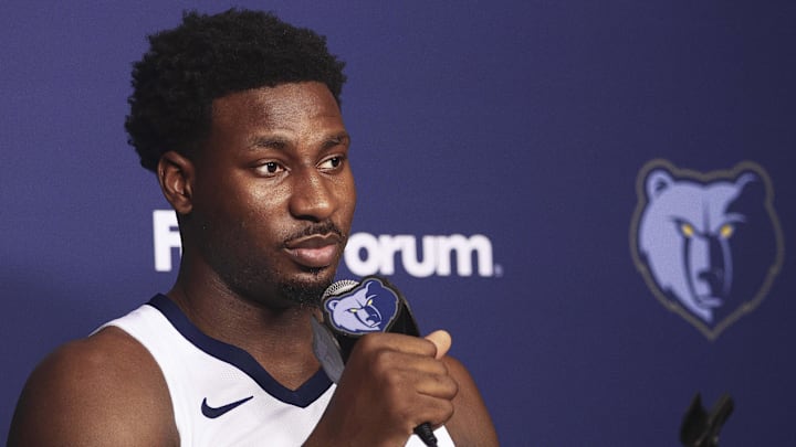 Sep 29, 2025; Memphis, TN, USA; Memphis Grizzlies forward/center Jaren Jackson Jr. speaks to media during a press conference on media day at FedEx Forum. Sep 29, 2025; Memphis, TN, USA; Memphis Grizzlies forward/center Jaren Jackson Jr. speaks to media during a press conference on media day at FedEx Forum.