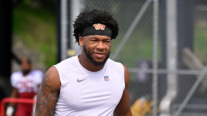 Washington Commanders wide receiver Jaylin Lane arrives at training camp at Gillette Stadium.
