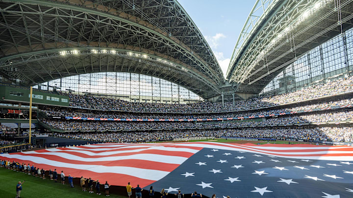 Oct 4, 2025; Milwaukee, Wisconsin, USA; A general view during the national anthem before game one of the NLDS round for the 2025 MLB playoffs between the Chicago Cubs and Milwaukee Brewers at American Family Field. Mandatory Credit: Mark Hoffman-USA TODAY Network via Imagn Images