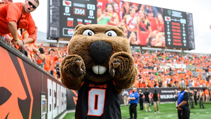 Sep 14, 2024; Corvallis, Oregon, USA; Oregon State Beavers mascot Benny Beaver during pregame against the Oregon Ducks at Reser Stadium. Mandatory Credit: Craig Strobeck-Imagn Images