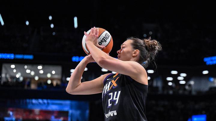Jun 19, 2025; Brooklyn, New York, USA; Phoenix Mercury forward Kathryn Westbeld (24) shoots the ball against the New York Liberty during the second half at Barclays Center. Mandatory Credit: John Jones-Imagn Images