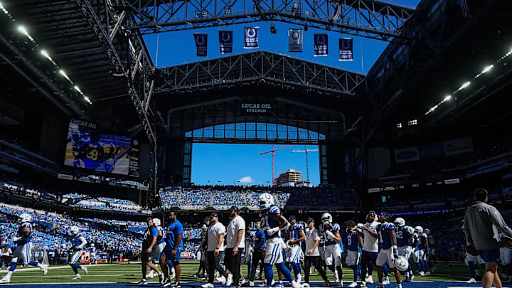 Indianapolis Colts players leave the field Sunday, Sept. 7, 2025, ahead of the game at Lucas Oil Stadium in Indianapolis. Indianapolis Colts players leave the field Sunday, Sept. 7, 2025, ahead of the game at Lucas Oil Stadium in Indianapolis.