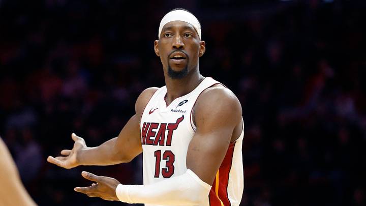 Feb 3, 2026; Miami, Florida, USA;  Miami Heat center Bam Adebayo (13) reacts against the Atlanta Hawks during the second half at Kaseya Center. Mandatory Credit: Rhona Wise-Imagn Images