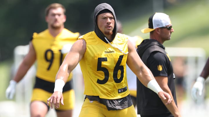 Jul 24, 2025; Latrobe, PA, USA;  Pittsburgh Steelers linebacker Alex Highsmith (56) participates in drills during training camp at Saint Vincent College. Mandatory Credit: Charles LeClaire-Imagn Images