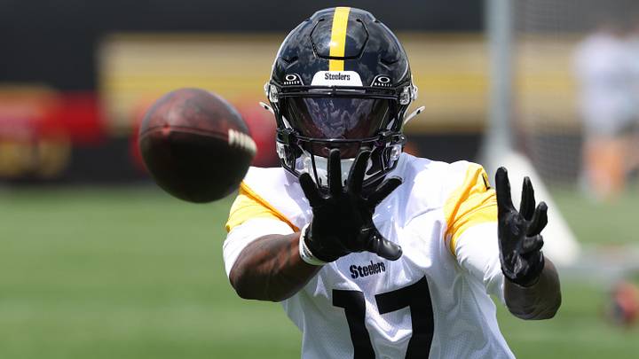May 28, 2026; Pittsburgh, PA, USA;  Pittsburgh Steelers wide receiver Germie Bernard (17) participates in OTA  drills at the UPMC Rooney Sports Complex. Mandatory Credit: Charles LeClaire-Imagn Images