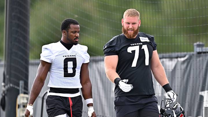 Jun 9, 2026; Houston, Texas, USA; Houston Texans linebacker Azeez al-Shaair, left, and offensive tackle Braden Smith, right, arrive for the team’s minicamp at Houston Methodist Training Center. Mandatory Credit: Maria Lysaker-Imagn Images Jun 9, 2026; Houston, Texas, USA; Houston Texans linebacker Azeez al-Shaair, left, and offensive tackle Braden Smith, right, arrive for the team’s minicamp at Houston Methodist Training Center. Mandatory Credit: Maria Lysaker-Imagn Images