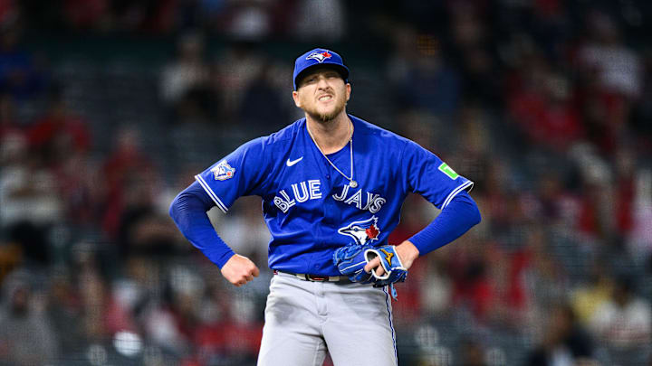 Apr 20, 2026; Anaheim, California, USA; Toronto Blue Jays pitcher Jeff Hoffman (23) reacts after striking out Los Angeles Angels second baseman Adam Frazier (20) during the ninth inning at Angel Stadium. Mandatory Credit: William Liang-Imagn Images