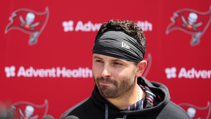 Jun 10, 2025; Tampa Bay, FL, USA; Tampa Bay Buccaneers quarterback Baker Mayfield (6) gives a press conference after mini camp at AdventHealth Training Center. Mandatory Credit: Nathan Ray Seebeck-Imagn Images