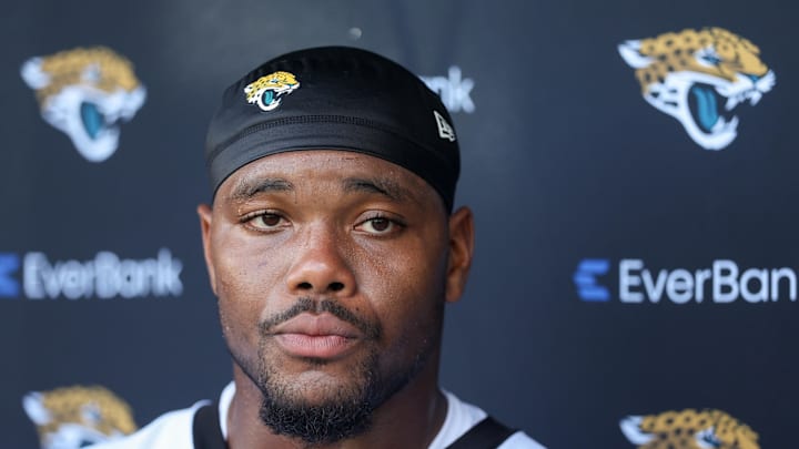 Jul 24, 2025; Jacksonville, FL, USA; Jacksonville Jaguars defensive end Travon Walker (44) talks to media during training camp at Miller Electric Center. Mandatory Credit: Nathan Ray Seebeck-Imagn Images