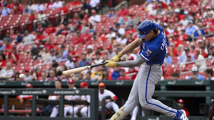 Jun 5, 2025; St. Louis, Missouri, USA;  Kansas City Royals right fielder Jac Caglianone (14) hits a one run double against the St. Louis Cardinals for his first Major League hit during the fourth inning at Busch Stadium. Mandatory Credit: Jeff Curry-Imagn Images
