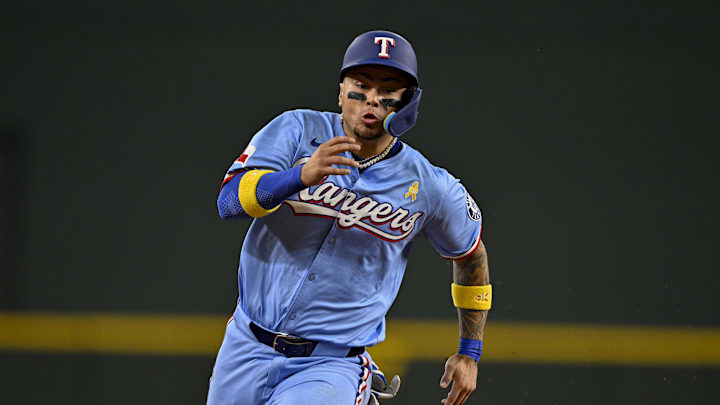 Sep 7, 2025; Arlington, Texas, USA; Texas Rangers right fielder Cody Freeman (39) runs to third base during the game between the Texas Rangers and the Houston Astros at Globe Life Field. Mandatory Credit: Jerome Miron-Imagn Images