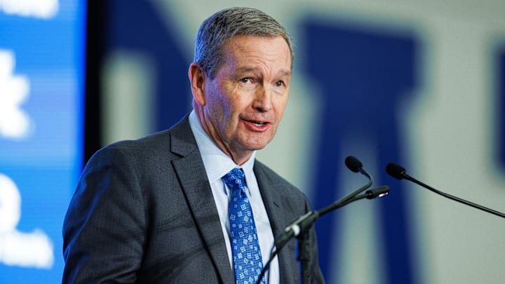 Dec 3, 2025; Lexington, KY, USA; Kentucky Wildcats athletic director Mitch Barnhart speaks during the introductory press conference for head football coach Will Stein at Nutter Field House. Mandatory Credit: Jordan Prather-Imagn Images