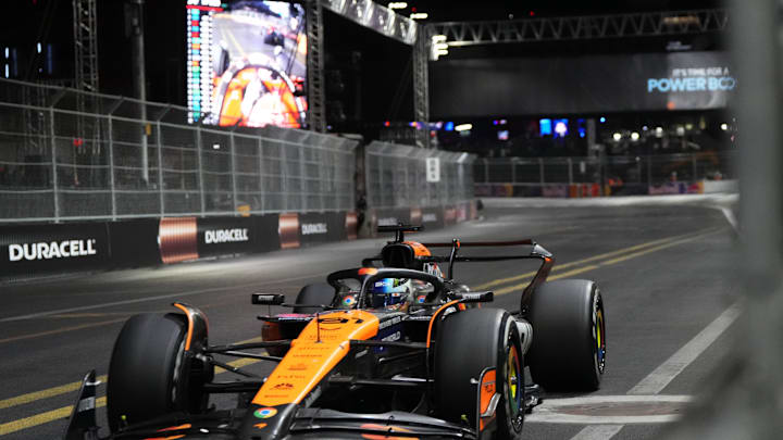 Nov 23, 2024; Las Vegas, Nevada, USA; McLaren Formula 1 Team driver Oscar Piastri of Australia (81) drives during the Las Vegas Grand Prix at the Las Vegas Circuit. Mandatory Credit: Lucas Peltier-Imagn Images