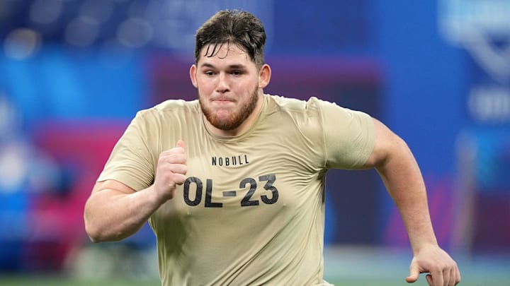 Mar 3, 2024; Indianapolis, IN, USA; West Virginia offensive lineman Zach Frazier (OL23) during the