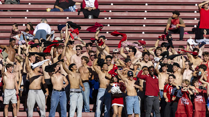 Nov 1, 2025; Stanford, California, USA; Stanford Cardinal fans cheer during the third quarter against the Pittsburgh Panthers at Stanford Stadium. Mandatory Credit: John Hefti-Imagn Images