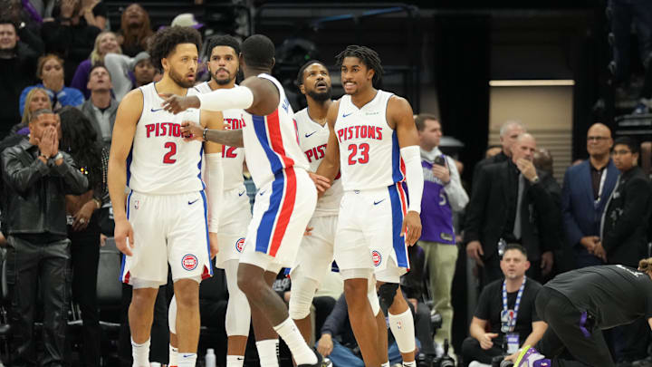 Dec 26, 2024; Sacramento, California, USA; Detroit Pistons players after guard Jaden Ivey (23) scored a three point basket to tie the game, and drew a foul against the Sacramento Kings during the fourth quarter at Golden 1 Center. Mandatory Credit: Kelley L Cox-Imagn Images