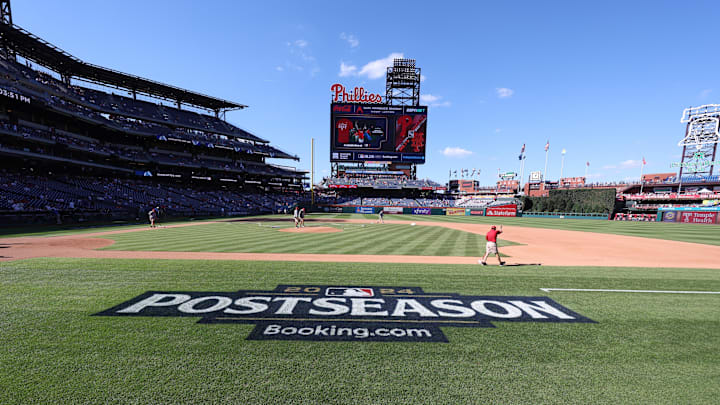 Oct 5, 2024; Philadelphia, PA, USA; A general view of the postseason logo on the field before game one of the NLDS for the 2024 MLB Playoffs between the New York Mets and Philadelphia Phillies at Citizens Bank Park.