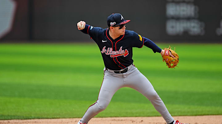 Aug 3, 2025; Bristol, Tennessee, USA; Atlanta Braves shortstop Nick Allen (2) makes a play to first base against the Cincinnati Reds at Bristol Motor Speedway. Mandatory Credit: Bryan Lynn-Imagn Images