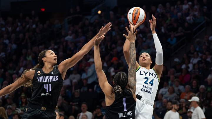 Aug 24, 2026; Minneapolis, Minnesota, USA; Minnesota Lynx forward Napheesa Collier (24) shoots the ball over Golden State Valkyries center Kiah Stokes (41) and Golden State Valkyries forward Gabby Williams (1) in the second half at Target Center. Mandatory Credit: Jesse Johnson-Imagn Images Aug 24, 2026; Minneapolis, Minnesota, USA; Minnesota Lynx forward Napheesa Collier (24) shoots the ball over Golden State Valkyries center Kiah Stokes (41) and Golden State Valkyries forward Gabby Williams (1) in the second half at Target Center. Mandatory Credit: Jesse Johnson-Imagn Images