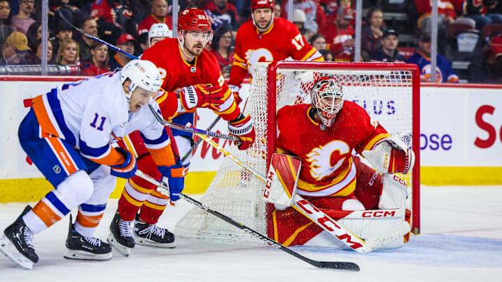 Jan 6, 2023; Calgary, Alberta, CAN; Calgary Flames goaltender Jacob Markstrom (25) guards his net