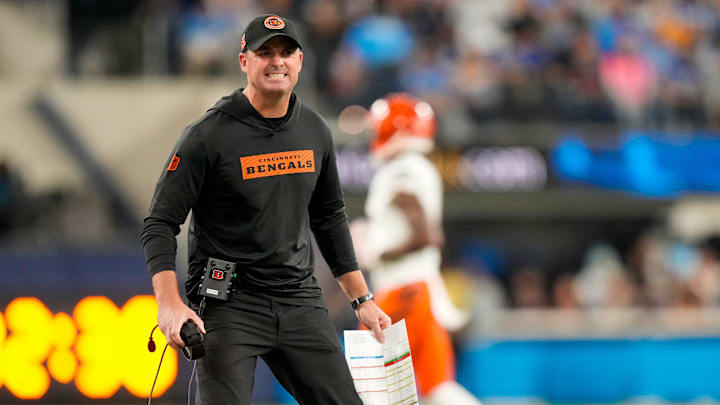 Cincinnati Bengals head coach Zac Taylor shouts to an official after a play in the first quarter of the NFL Week 11 game between the Los Angeles Chargers and the Cincinnati Bengals at SoFi Stadium in Inglewood, Calif., on Sunday, Nov. 17, 2024. The Chargers led 24-6 at halftime. Cincinnati Bengals head coach Zac Taylor shouts to an official after a play in the first quarter of the NFL Week 11 game between the Los Angeles Chargers and the Cincinnati Bengals at SoFi Stadium in Inglewood, Calif., on Sunday, Nov. 17, 2024. The Chargers led 24-6 at halftime.
