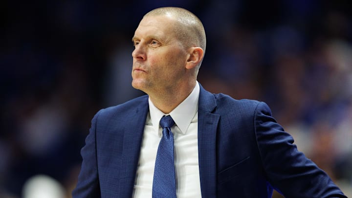 Feb 1, 2025; Lexington, Kentucky, USA; Kentucky Wildcats head coach Mark Pope looks on during the second half against the Arkansas Razorbacks at Rupp Arena at Central Bank Center. Mandatory Credit: Jordan Prather-Imagn Images Feb 1, 2025; Lexington, Kentucky, USA; Kentucky Wildcats head coach Mark Pope looks on during the second half against the Arkansas Razorbacks at Rupp Arena at Central Bank Center. Mandatory Credit: Jordan Prather-Imagn Images