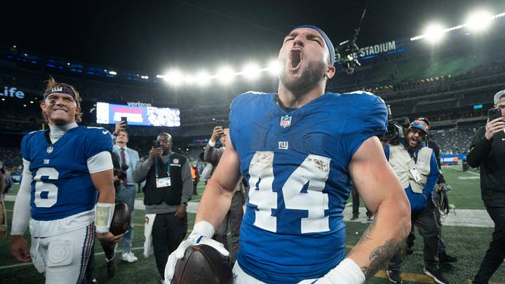 New York Giants running back Cam Skattebo (44) screams after winning a Thursday Night Football game between the New York Giants and the Philadelphia Eagles at MetLife Stadium in East Rutherford on Oct. 9, 2025.