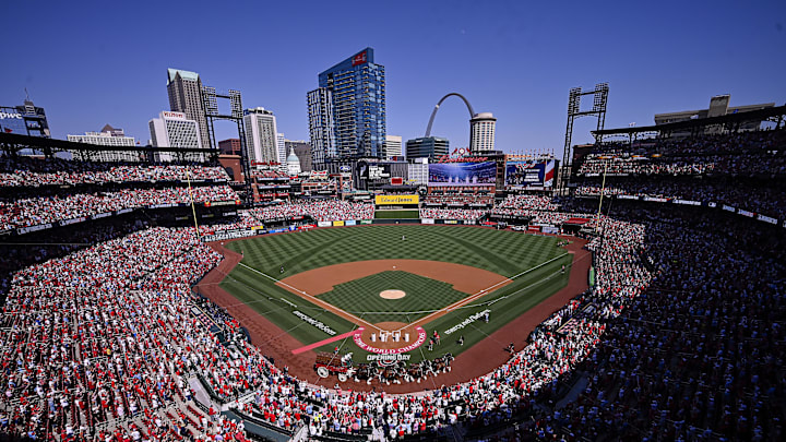 Mar 26, 2026; St. Louis, Missouri, USA; A general view as the Budweiser Clydesdales trot around the field before an opening day game between the St. Louis Cardinals and the Tampa Bay Rays at Busch Stadium. Mandatory Credit: Jeff Curry-Imagn Images Mar 26, 2026; St. Louis, Missouri, USA; A general view as the Budweiser Clydesdales trot around the field before an opening day game between the St. Louis Cardinals and the Tampa Bay Rays at Busch Stadium. Mandatory Credit: Jeff Curry-Imagn Images