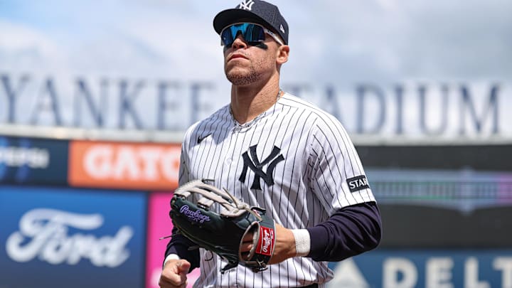 May 2, 2026; Bronx, New York, USA;  New York Yankees right fielder Aaron Judge (99) runs off the field after the top of the first inning against the Baltimore Orioles at Yankee Stadium. Mandatory Credit: Vincent Carchietta-Imagn Images