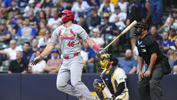 Sep 4, 2024; Milwaukee, Wisconsin, USA;  St. Louis Cardinals first baseman Paul Goldschmidt (46) singles during the first inning against the Milwaukee Brewers at American Family Field. Mandatory Credit: Jeff Hanisch-Imagn Images