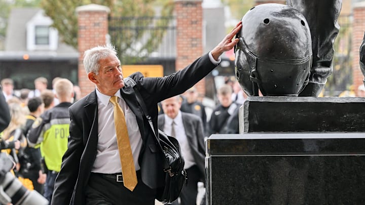 Oct 25, 2025; Iowa City, Iowa, USA; Iowa Hawkeyes head coach Kirk Ferentz enters Kinnick Stadium before the game against the Minnesota Golden Gophers. Mandatory Credit: Jeffrey Becker-Imagn Images