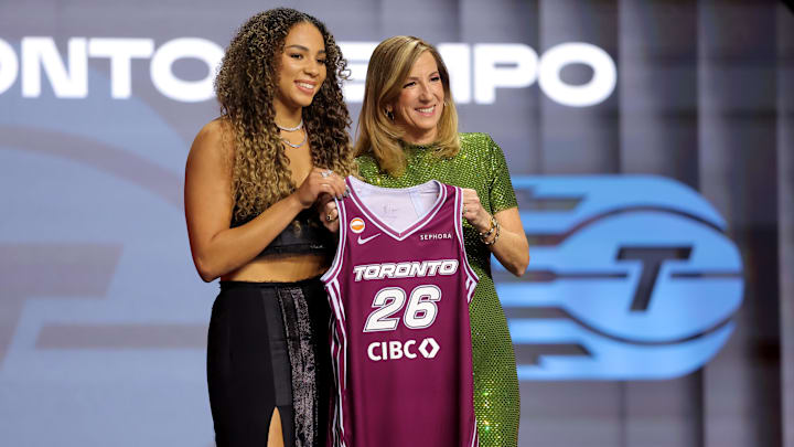 Apr 13, 2026; New York, NY, USA;  WNBA Commissioner Cathy Engelbert (right) poses for photos with Kiki Rice who was selected sixth overall by the Toronto Tempo during the 2026 WNBA Draft at The Shed at Hudson Yards. Mandatory Credit: Brad Penner-Imagn Images