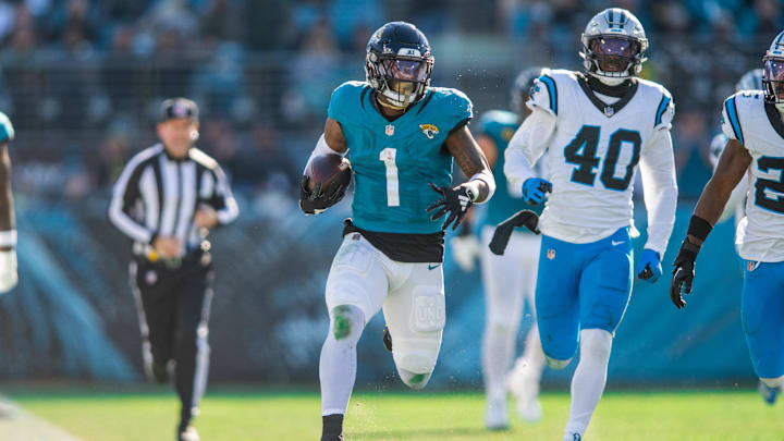 Dec 31, 2023; Jacksonville, Florida, USA; Jacksonville Jaguars running back Travis Etienne Jr. (1) at EverBank Stadium. Mandatory Credit: Jeremy Reper-USA TODAY Sports
