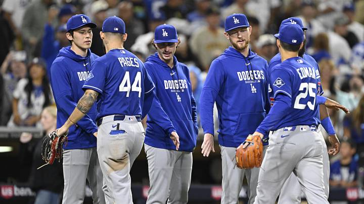Jun 27, 2026; San Diego, California, USA; Los Angeles Dodgers players celebrate after the Dodgers beat the San Diego Padres at Petco Park. Mandatory Credit: Denis Poroy-Imagn Images