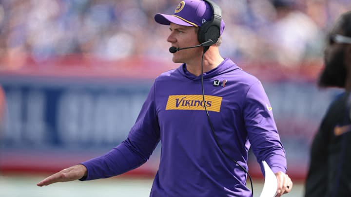 Sep 8, 2024; East Rutherford, New Jersey, USA; Minnesota Vikings head coach Kevin O'Connell reacts during the second half against the New York Giants at MetLife Stadium. Mandatory Credit: Vincent Carchietta-Imagn Images