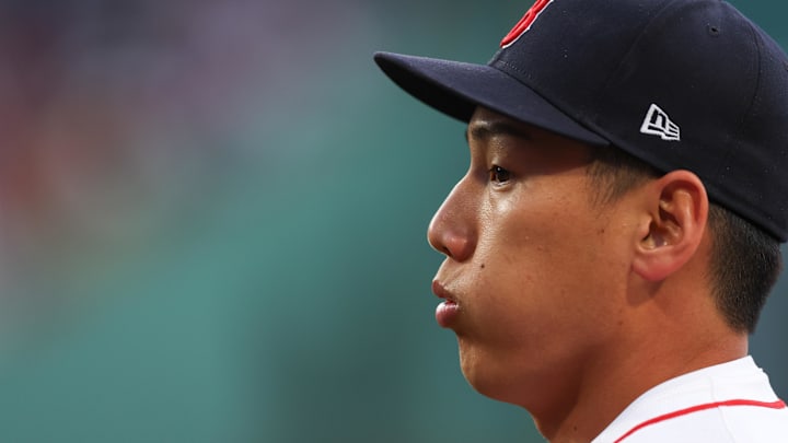 Boston Red Sox designated hitter Masataka Yoshida (7) looks on before a game against the Baltimore Orioles at Fenway Park.